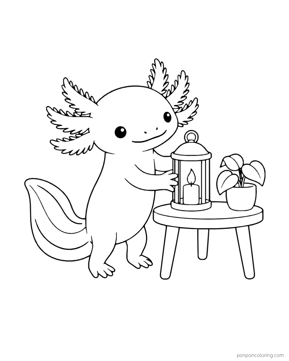 Axolotl standing beside a low round table with a lantern and a potted plant.