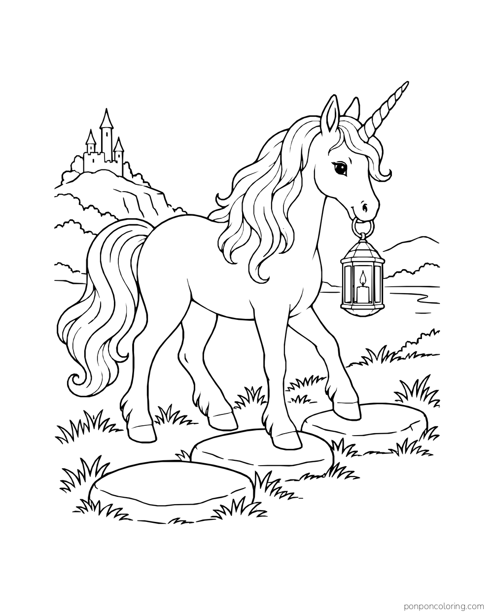 A unicorn carries a small lantern along a path with distant castle towers.