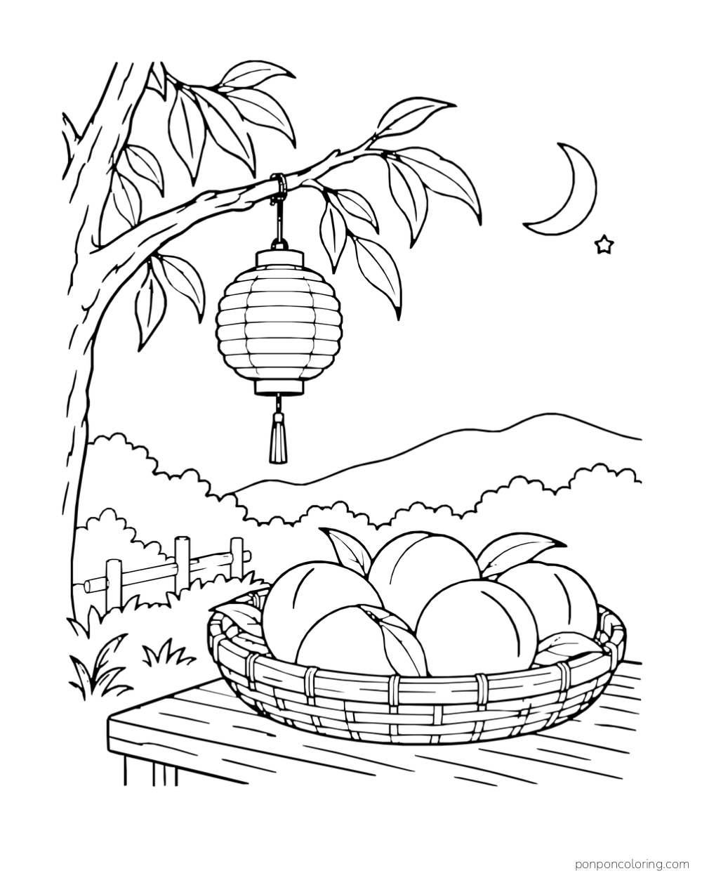 Paper lantern hanging above a basket of peaches under a crescent moon.