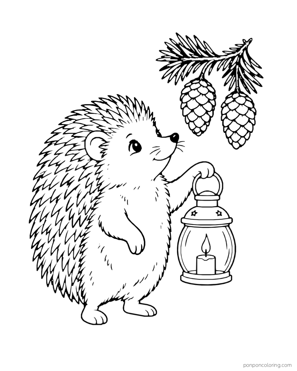A hedgehog holds a lantern beneath a short branch with two hanging pinecones.