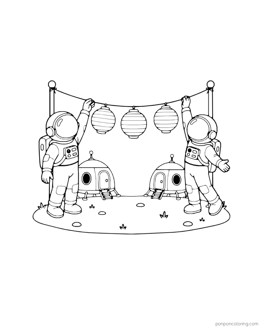 Two astronauts hang three paper lanterns between small habitat pods.