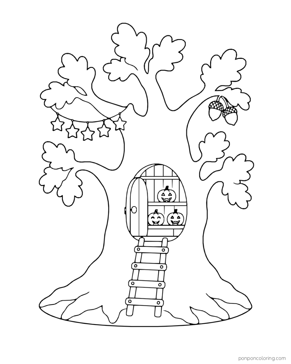 An old oak tree holds a little lantern room in its trunk, reached by a ladder and decorated with hanging stars.