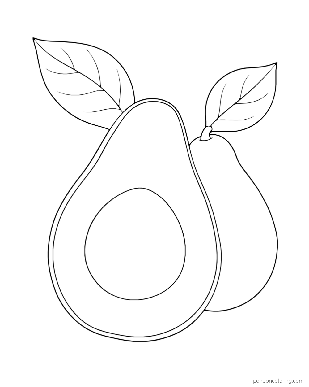 A large avocado half with its seed stands before a smaller whole fruit and two leaves.