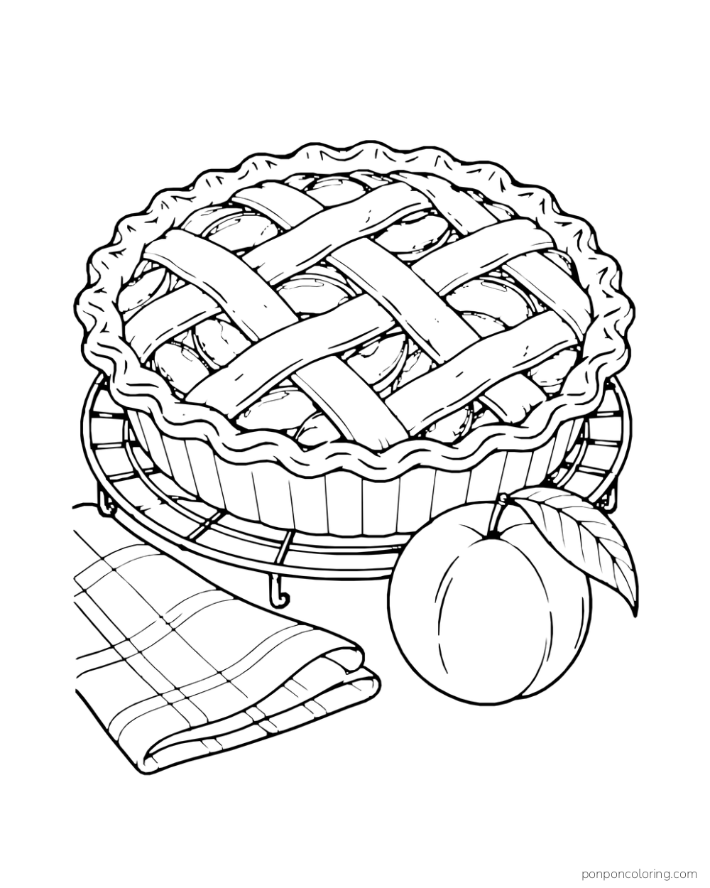 Round lattice pie on a cooling rack beside a peach and folded towel.