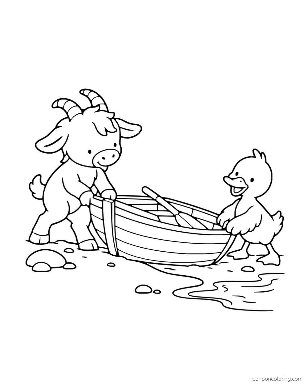 A goat and duck push a small rowboat toward the water.