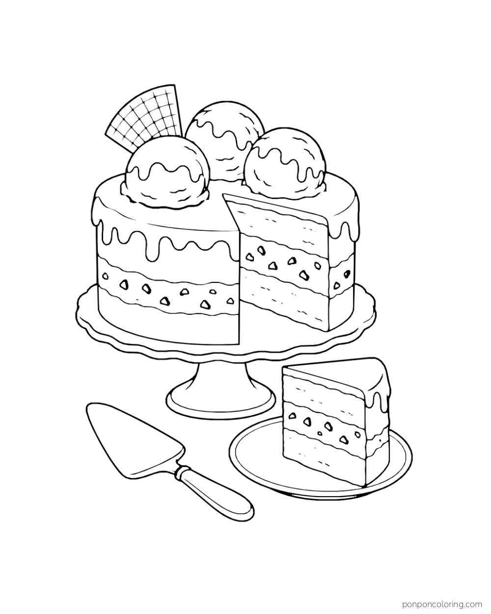 A layered cake and separate slice sit on a stand with ice cream scoops and a wafer fan on top.