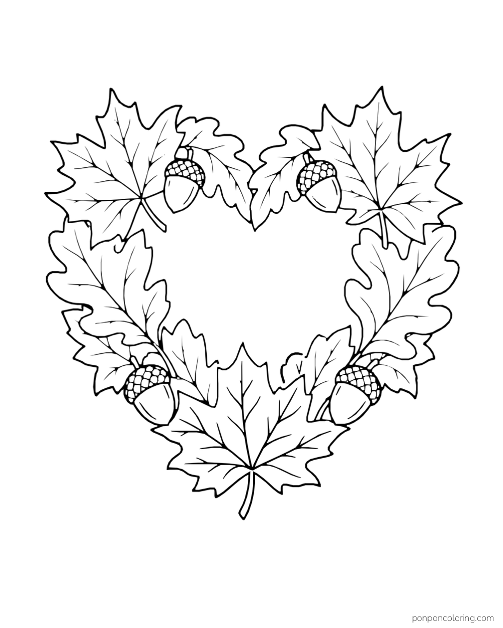 Leaves and acorns form a heart shape with an open center.
