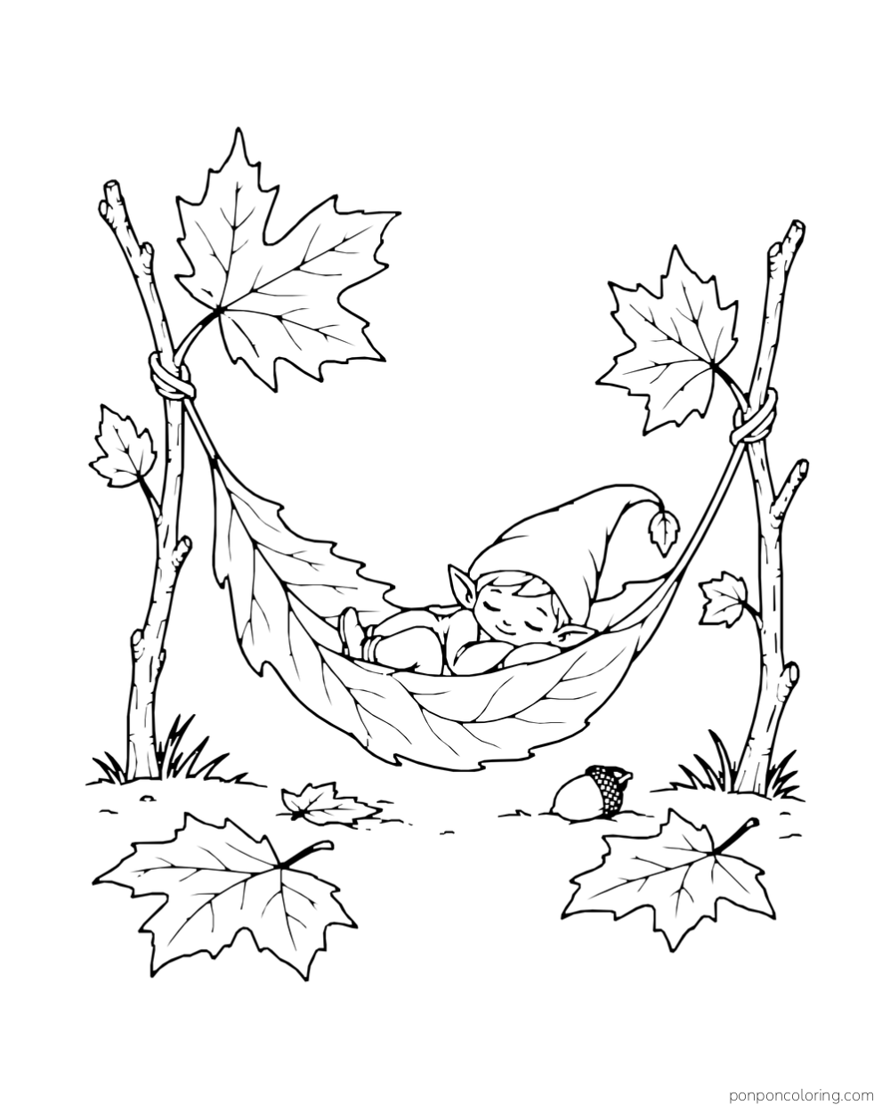 A tiny elf sleeps in a leaf hammock stretched between two small branches.