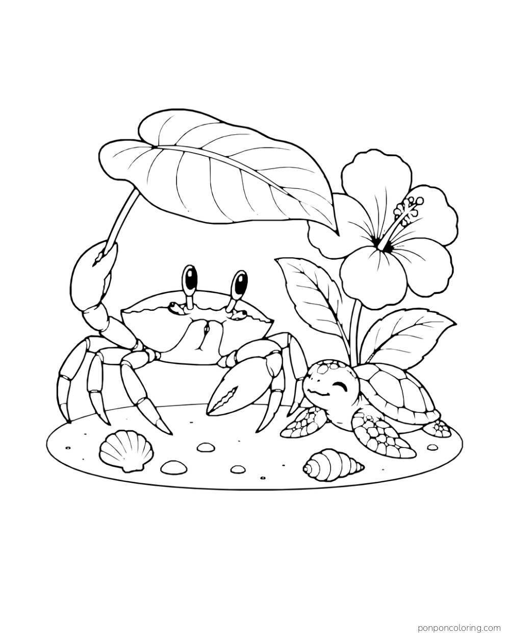 A crab holds a wide leaf above a tiny turtle beside a flowering plant.