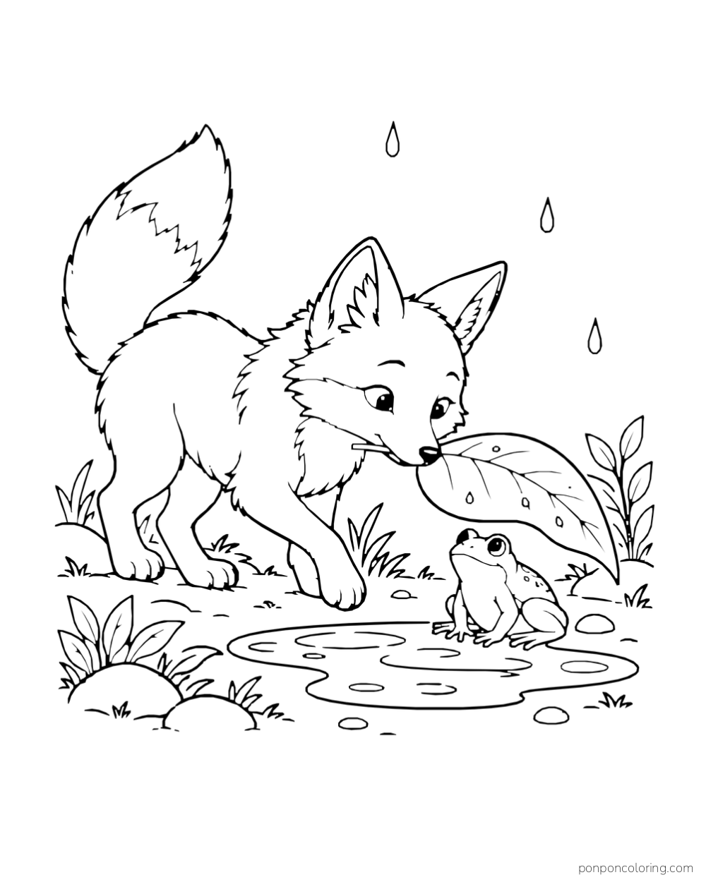 A fox holds a broad leaf over a little frog beside a puddle and raindrops.