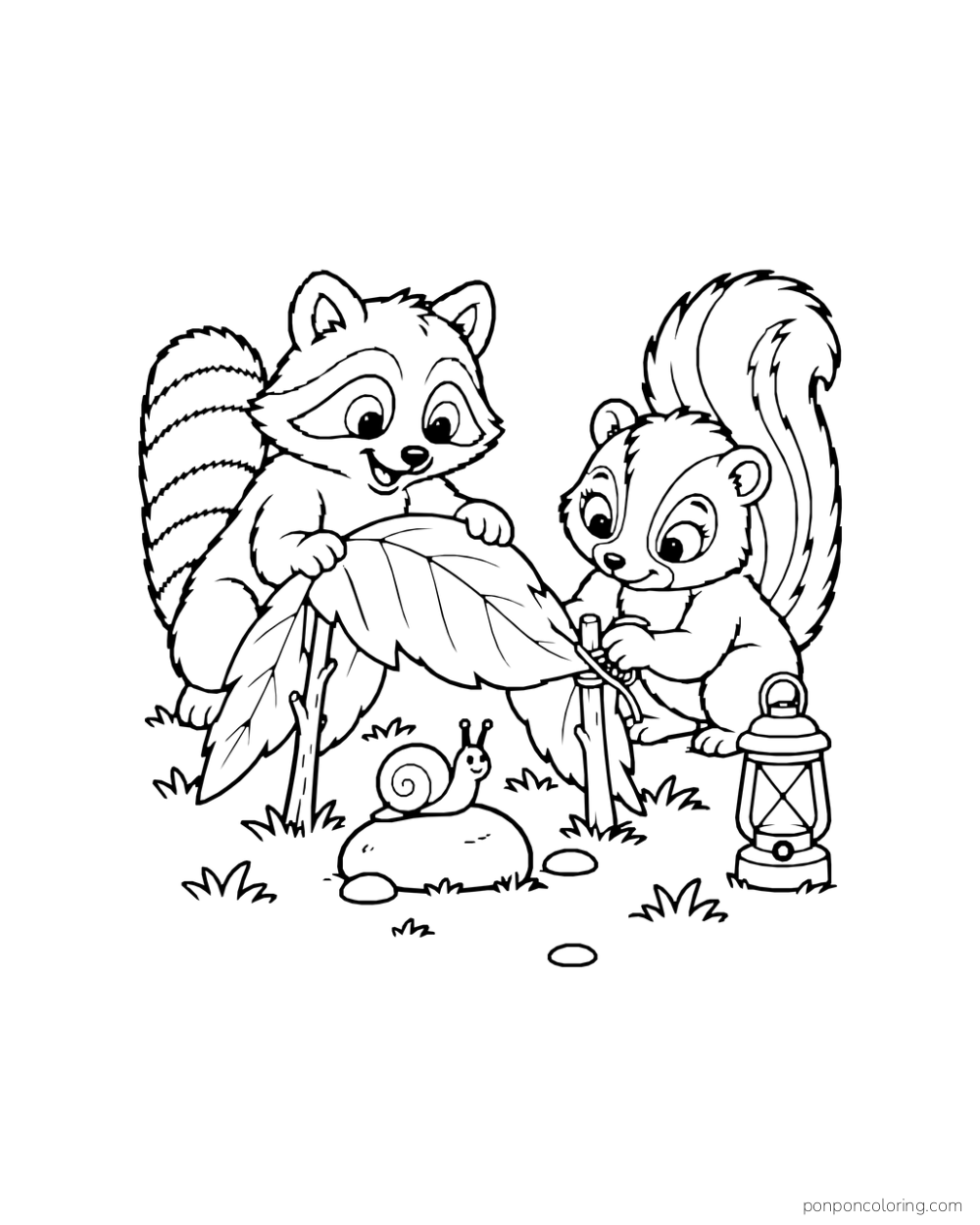 A raccoon and skunk hold a broad leaf over a tiny snail near their campsite.