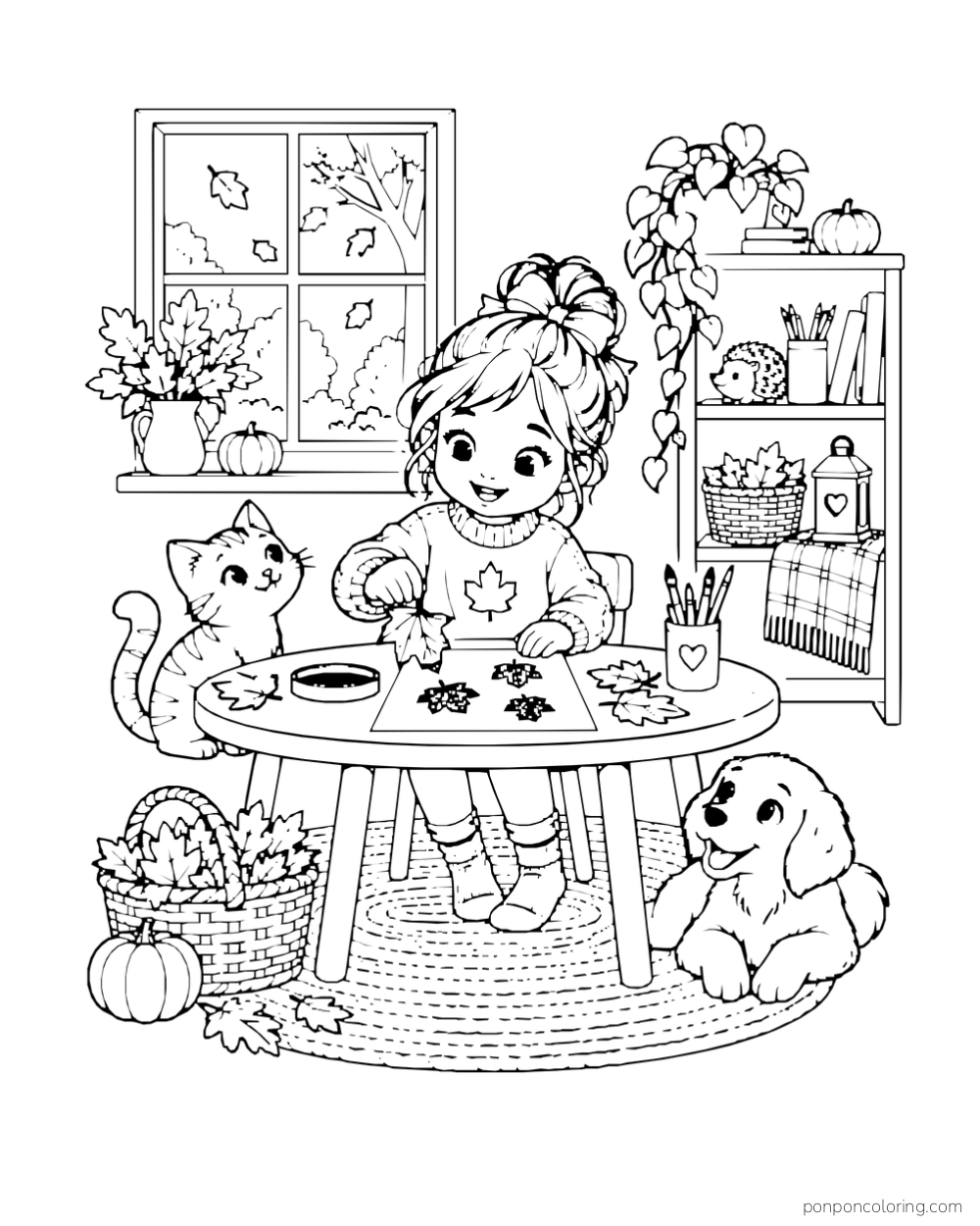 A girl stamps autumn leaf shapes at a craft table while a cat and dog rest on a rug.