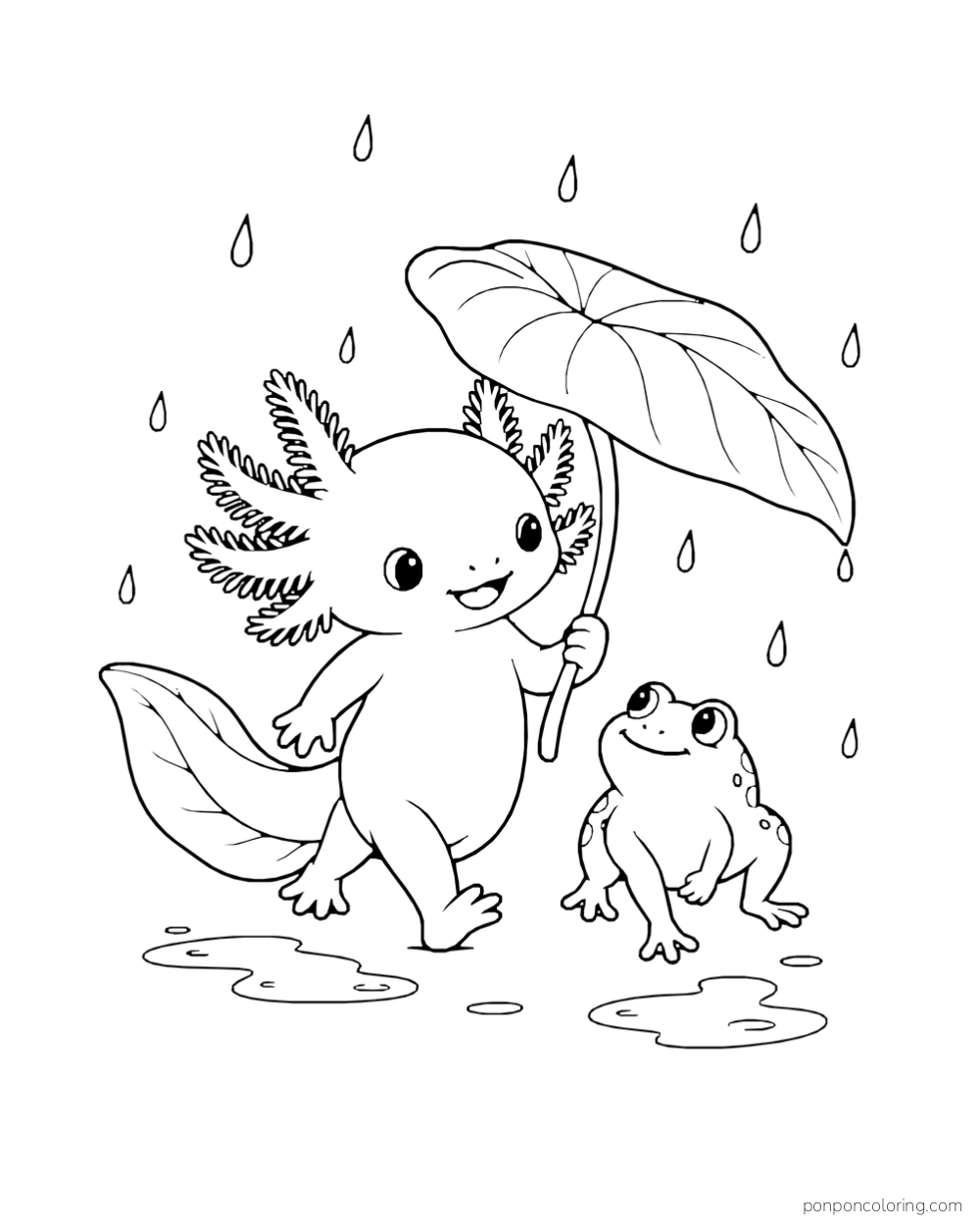 Axolotl holding a large leaf over itself and a small frog beneath falling raindrops.