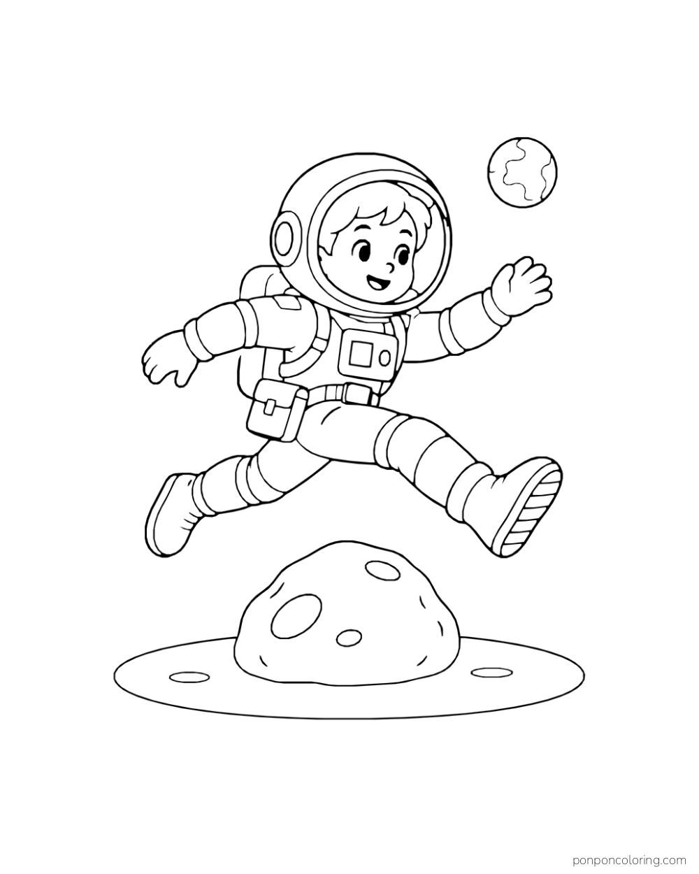 An astronaut jumps over one rounded rock with a sample pouch at the hip.