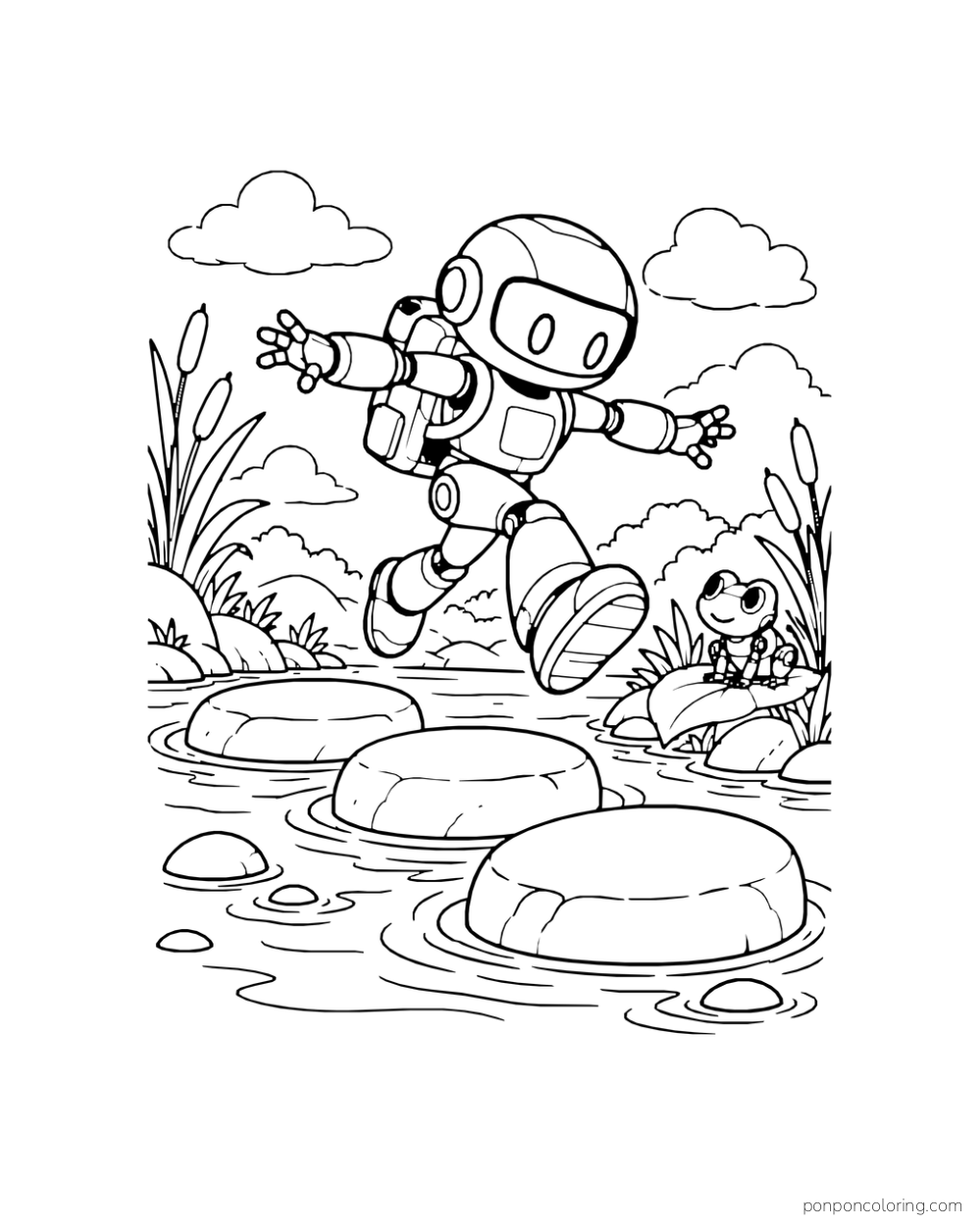 A visor robot leaps over stepping stones as a frog robot watches.