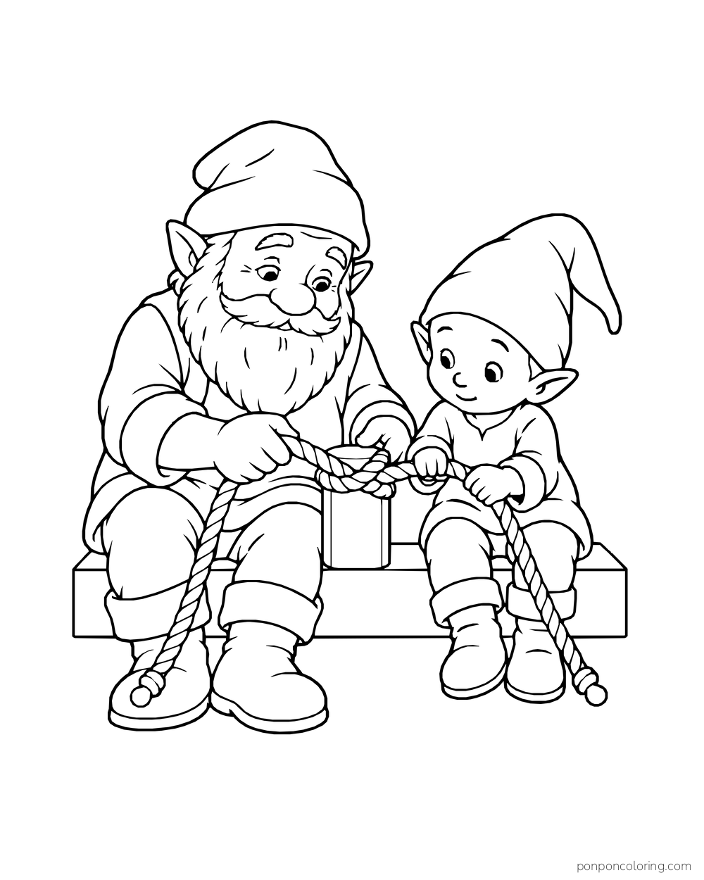 Older and younger gnomes practicing a knot in a thick rope while sitting together on a bench.