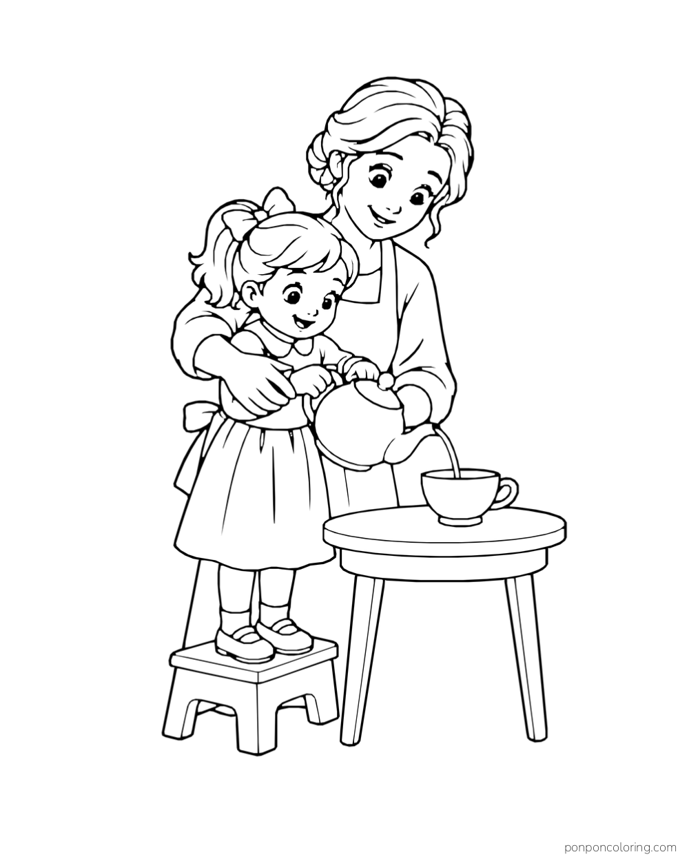 Adult steadies a teapot while a child standing on a stool pours into a cup.