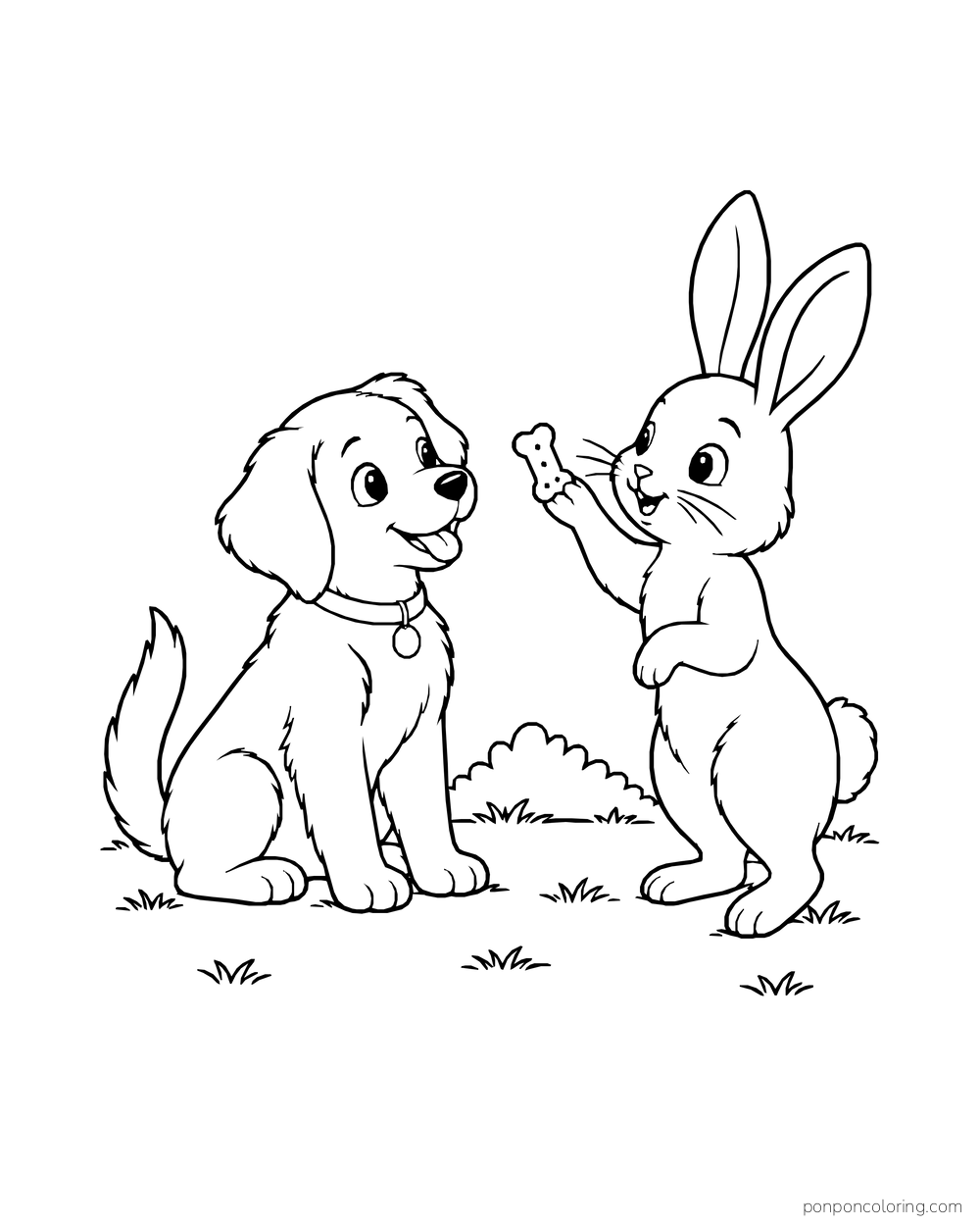 A seated puppy watches a rabbit hold up a small treat.
