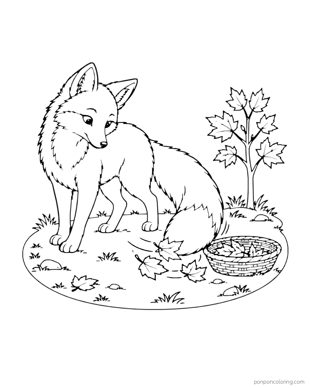 A fox stands beside a shallow basket as fallen leaves cover the ground.