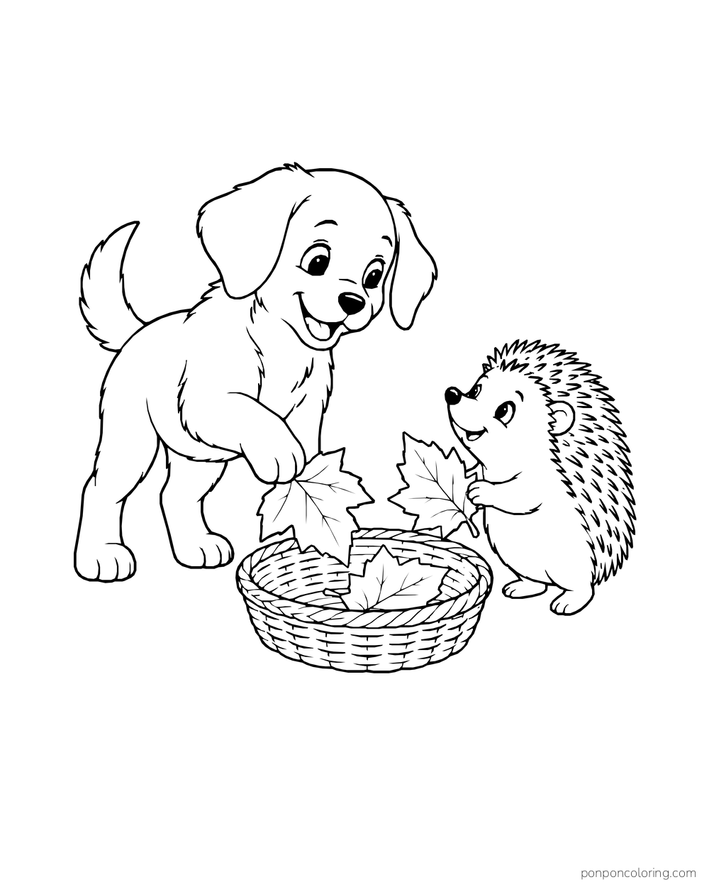 A puppy and hedgehog gather broad autumn leaves into a shallow basket.