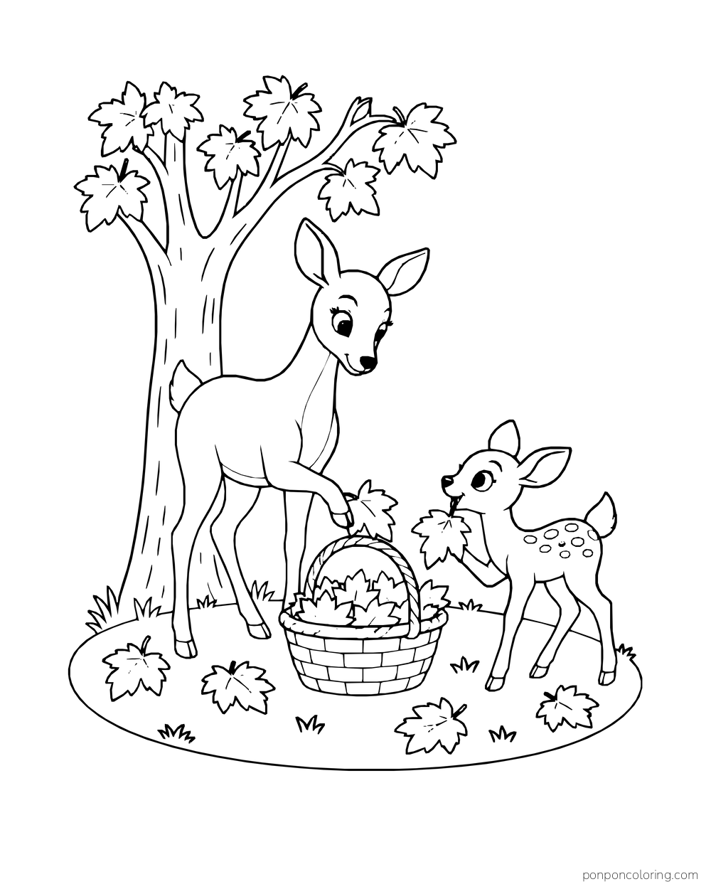 A deer and fawn gather fallen leaves beside a small tree.
