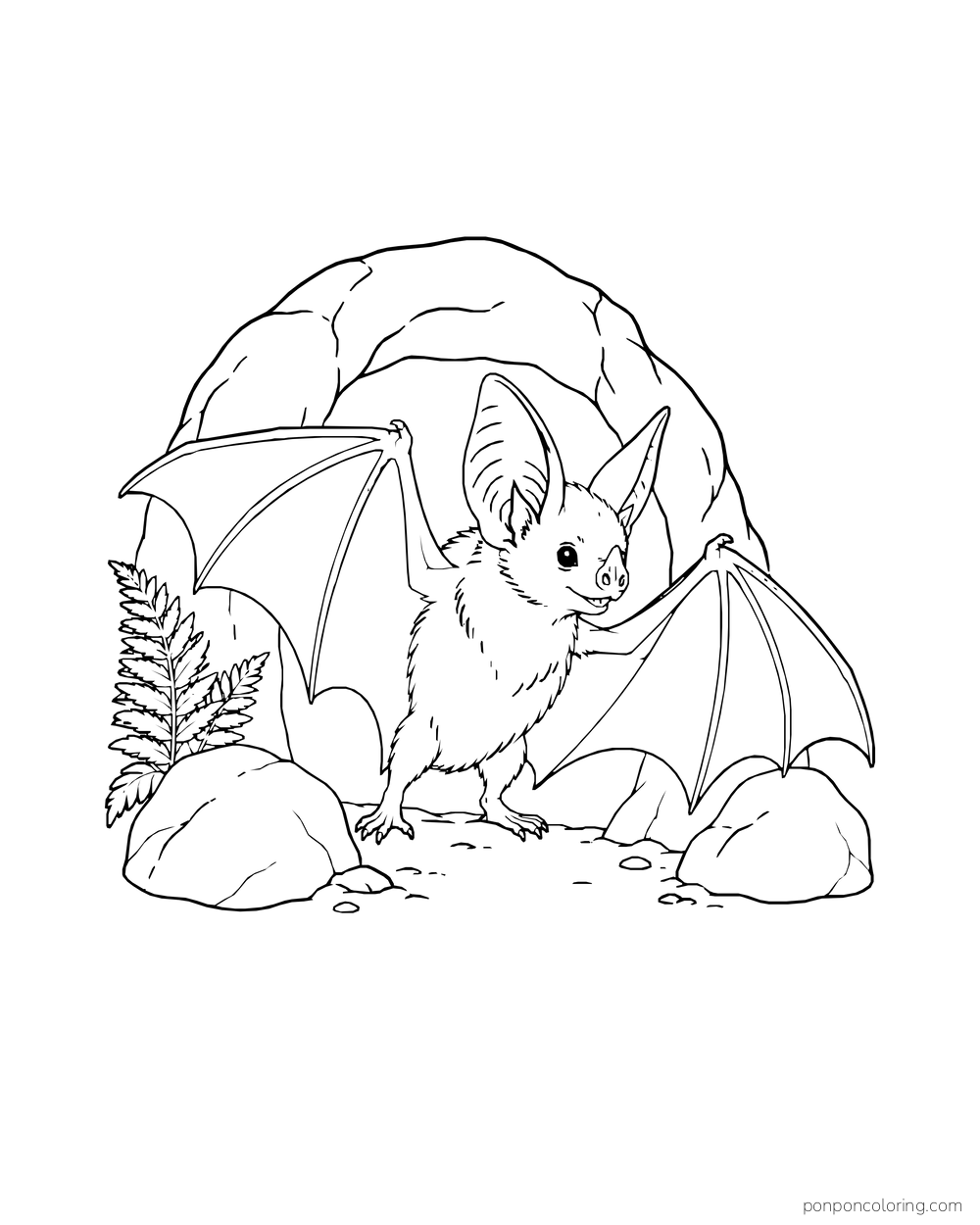 A bat stands at the mouth of a rounded cave among rocks and a fern.