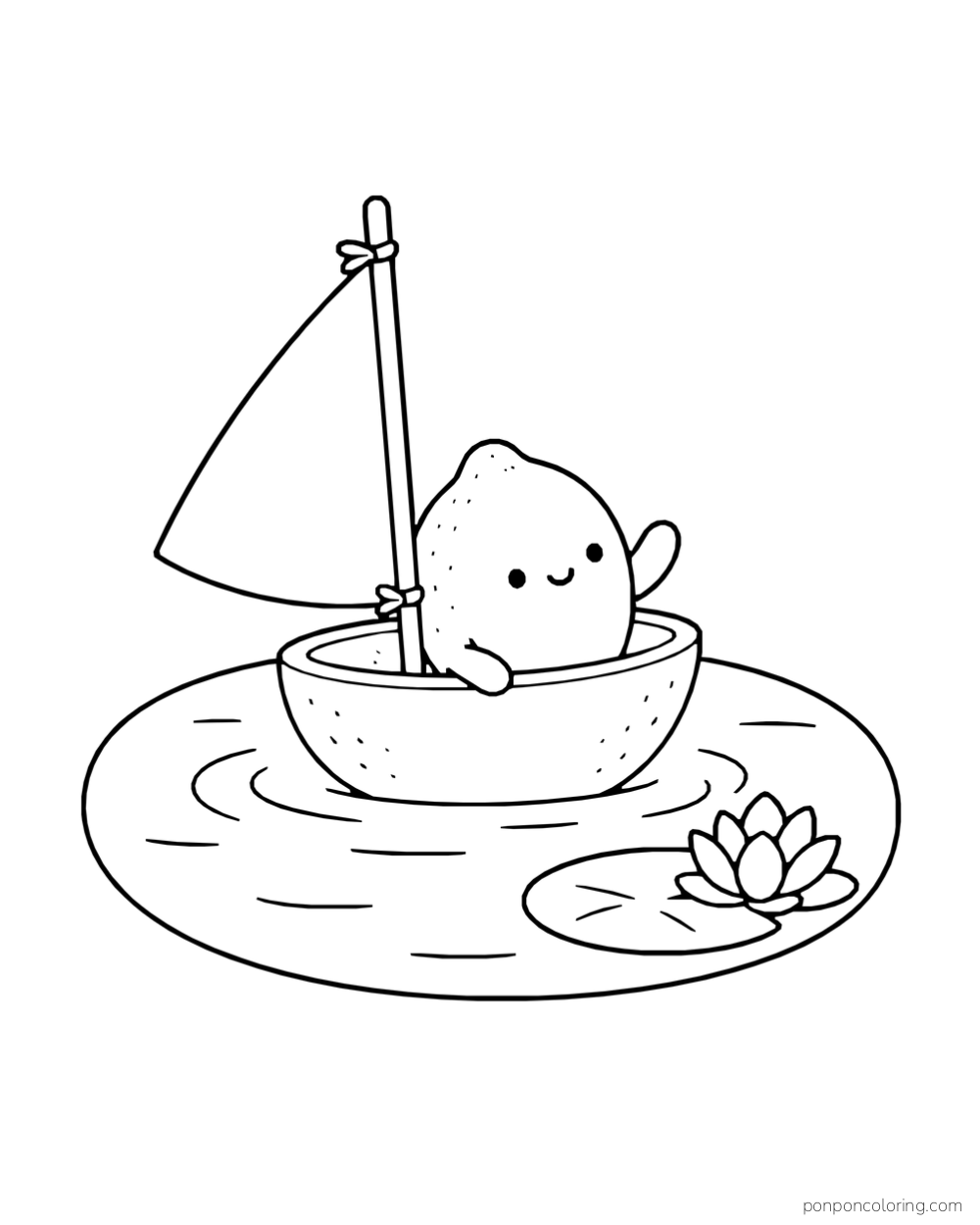 A lemon sails a small boat in an oval pond beside a water lily.
