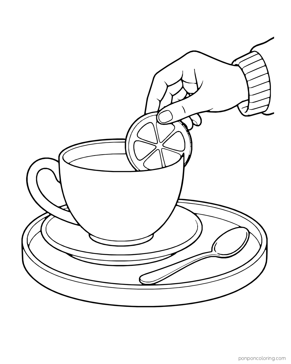 Hand places a lemon slice into a large teacup on a tray.