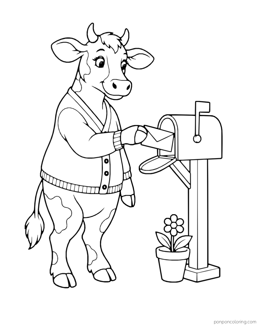 A cow in a cardigan places an envelope in a mailbox beside a flowerpot.