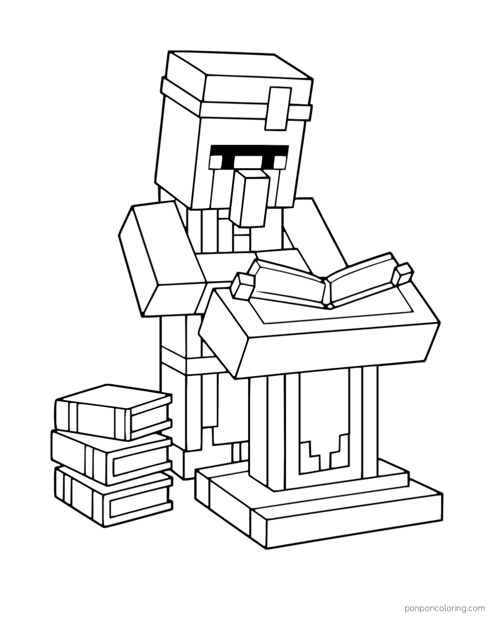 A librarian villager reads at a lectern beside stacked books.