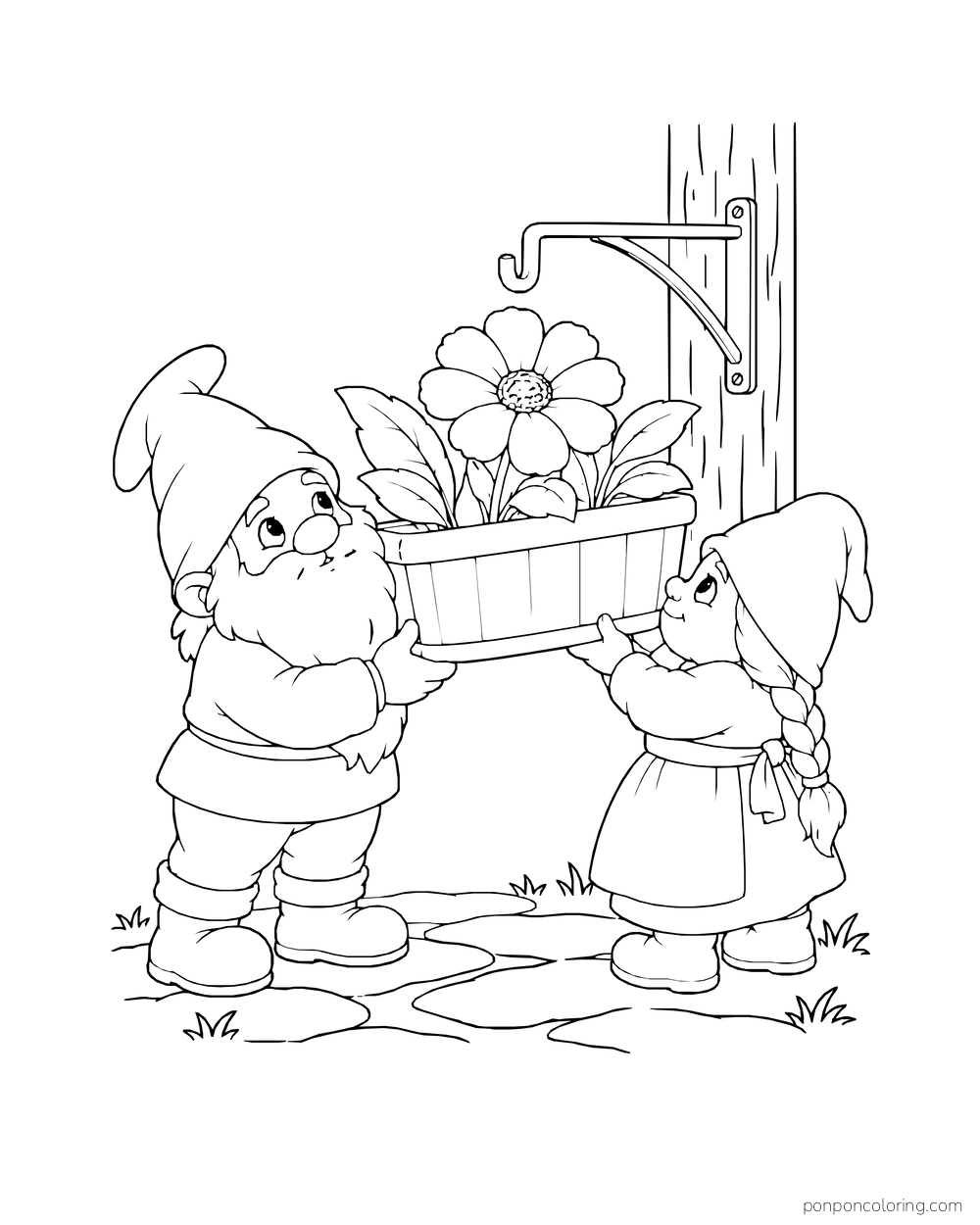 Two gnomes raising a flower planter toward a hook fixed to a post.