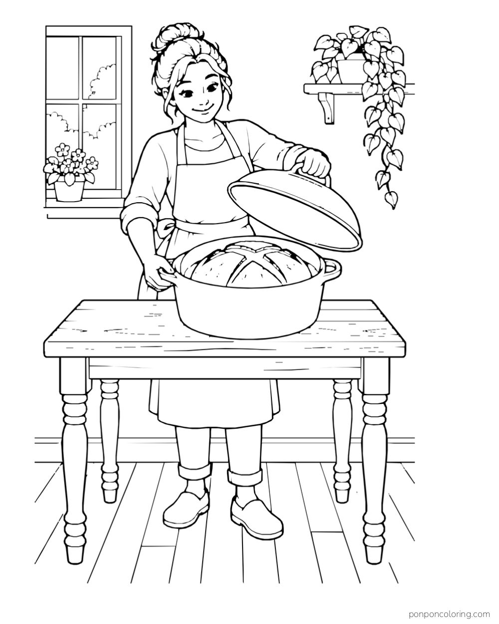 A baker lifts the lid from a round pot to reveal a scored loaf inside.