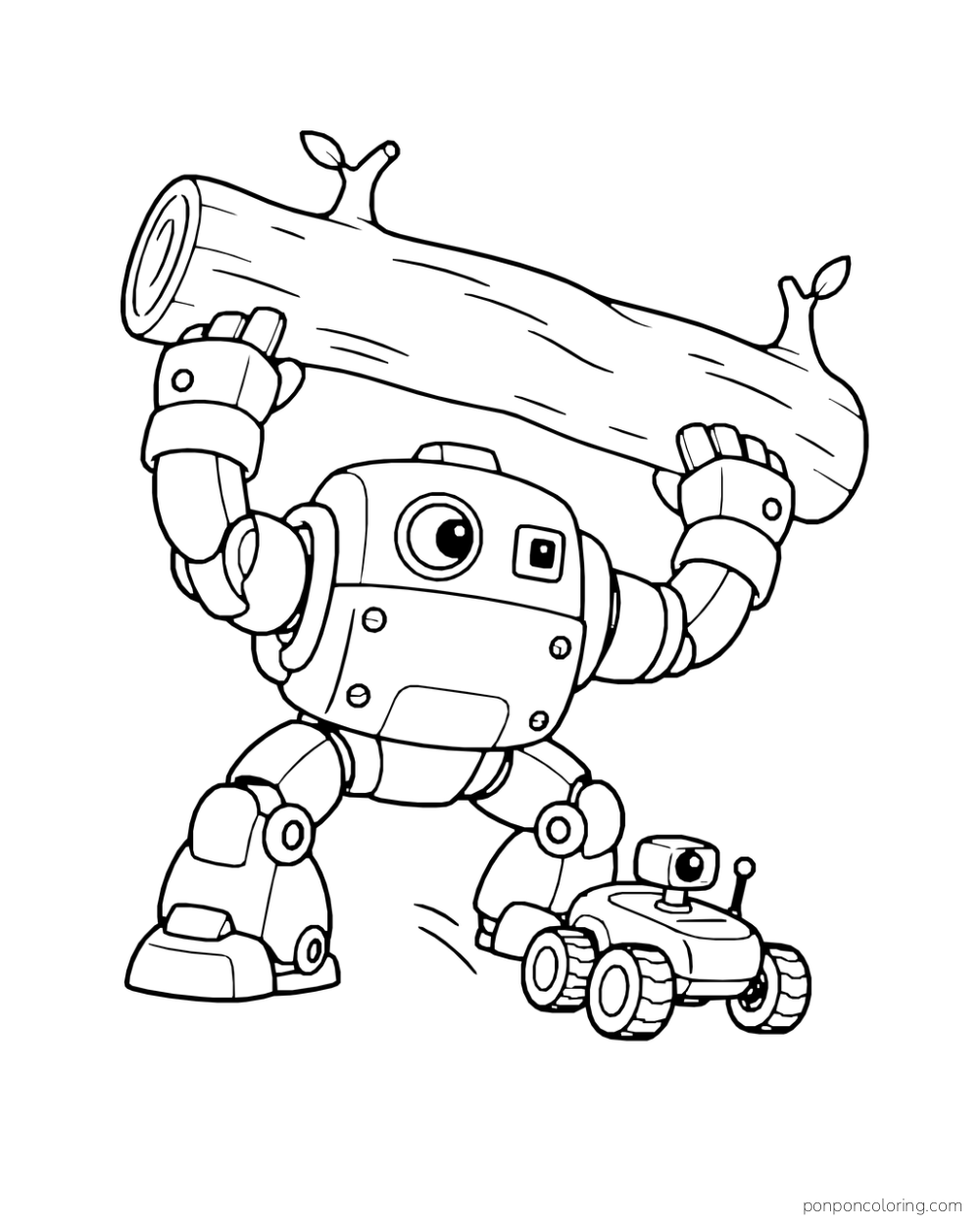 A broad construction mecha lifts a branch while a rover rolls free.