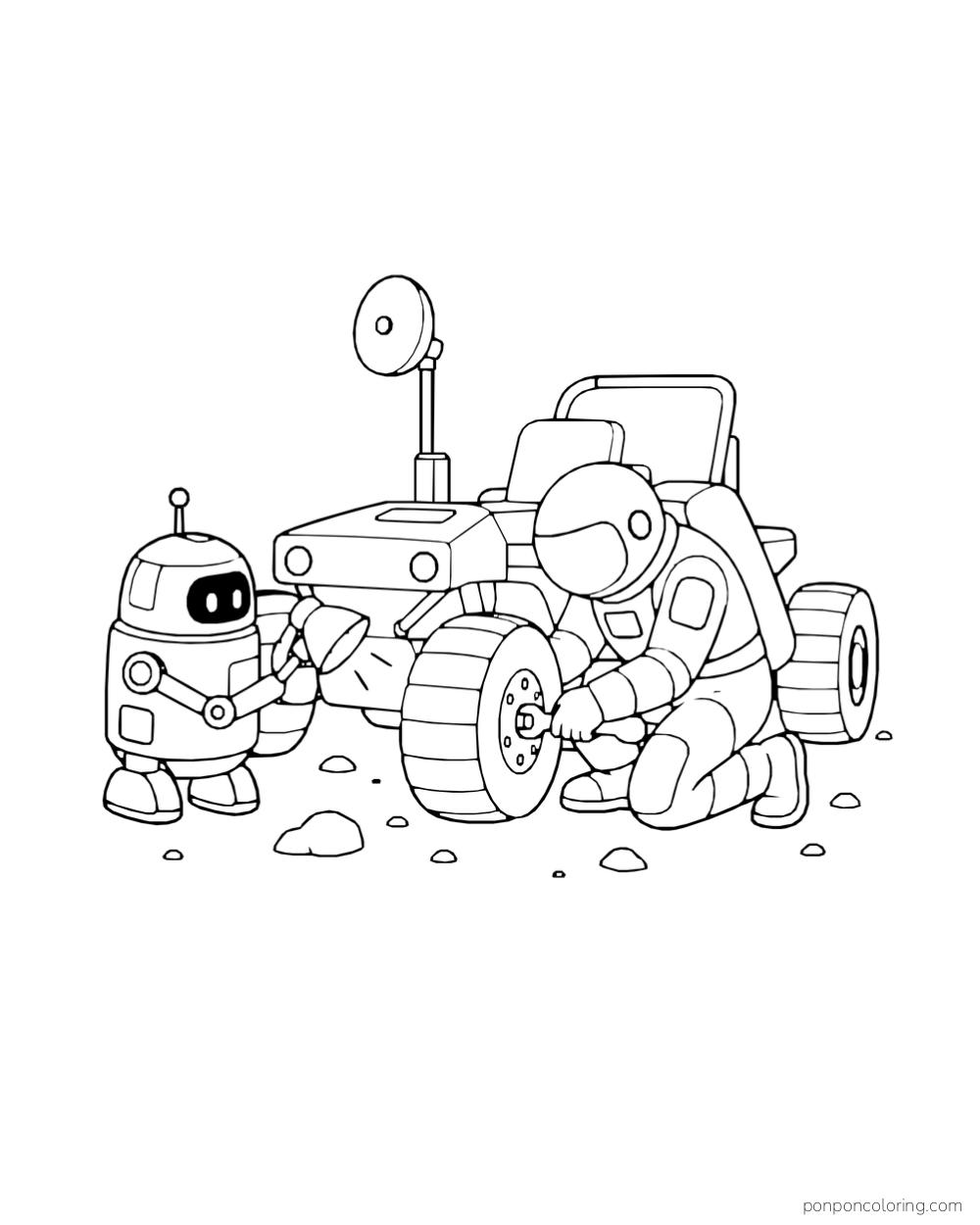 A helper robot shines a lamp while an astronaut works on a rover wheel.