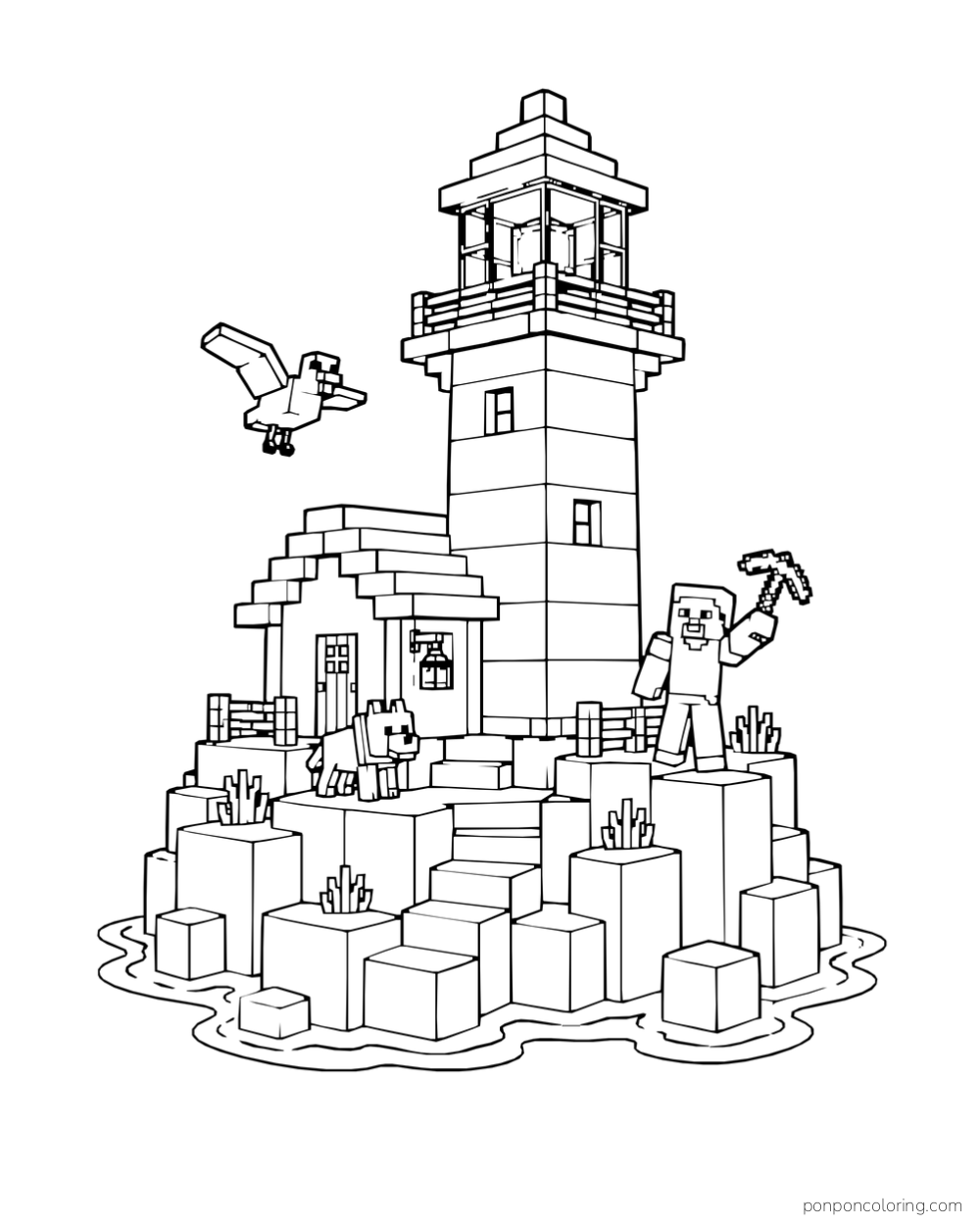 Steve and a wolf visit a tall lighthouse on a small rocky island while a bird flies nearby.