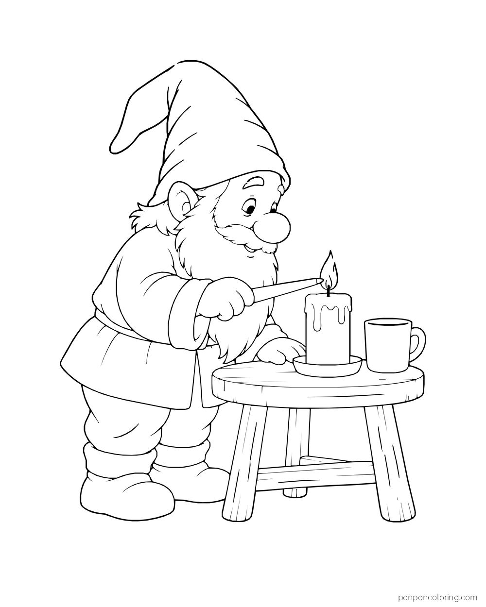 Gnome using a taper to light a candle on a small stool beside a mug.