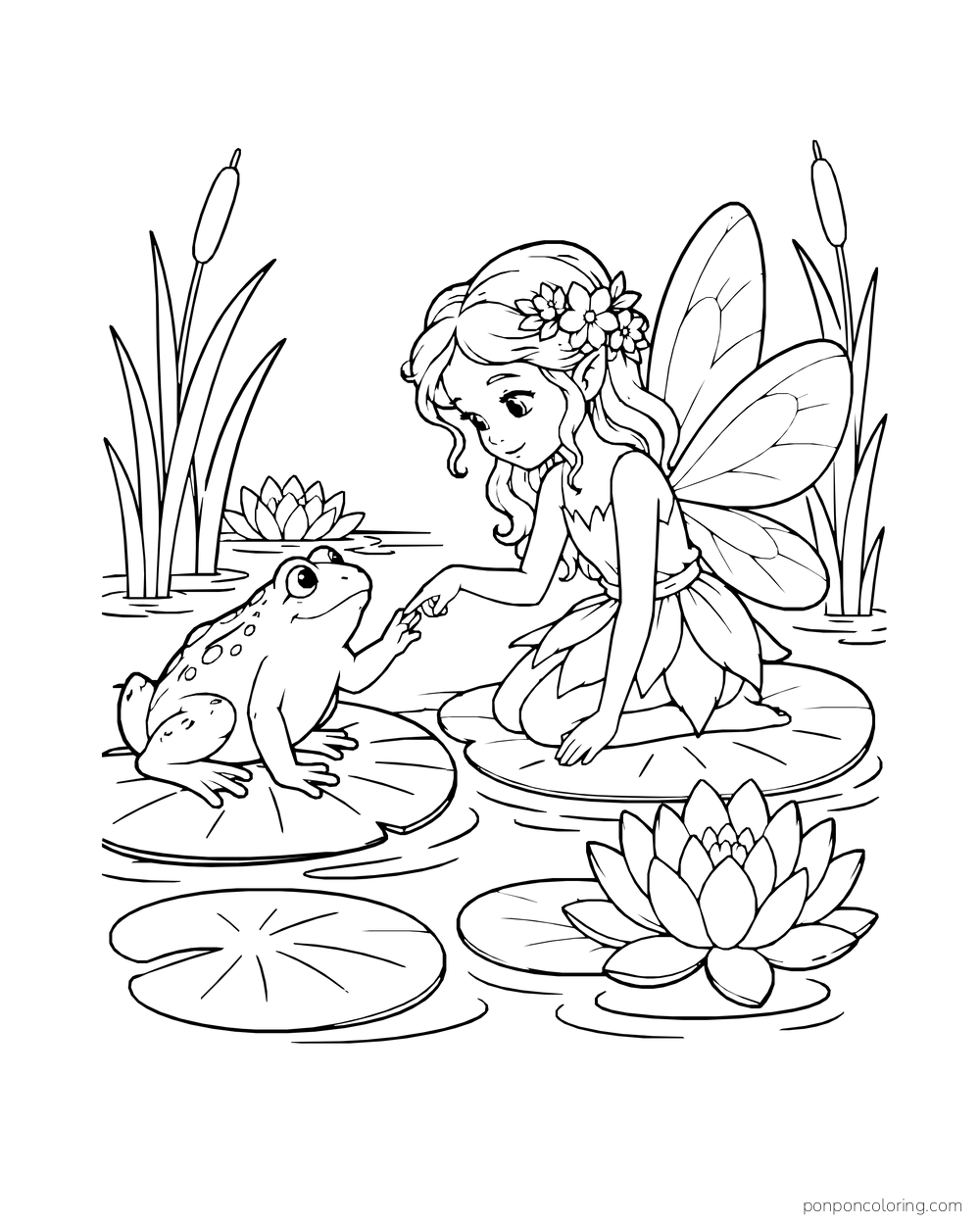 Fairy kneeling on a lily pad to greet a frog on another pad.