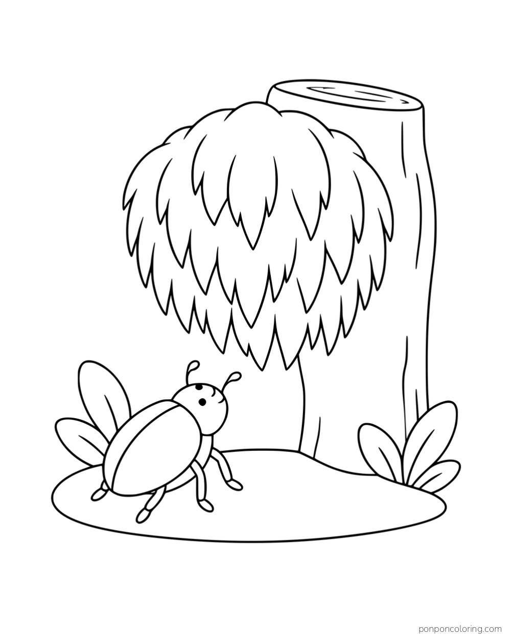 A beetle beside a lion's mane mushroom with hanging pointed teeth on an upright log.