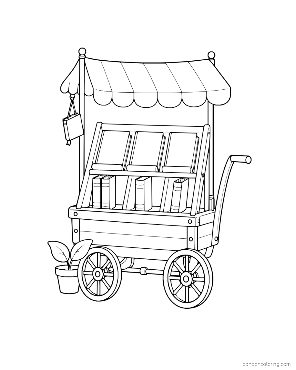 A two-wheeled book cart with a scalloped canopy, three front-facing books, four upright books, a hanging book ornament, and a small plant.