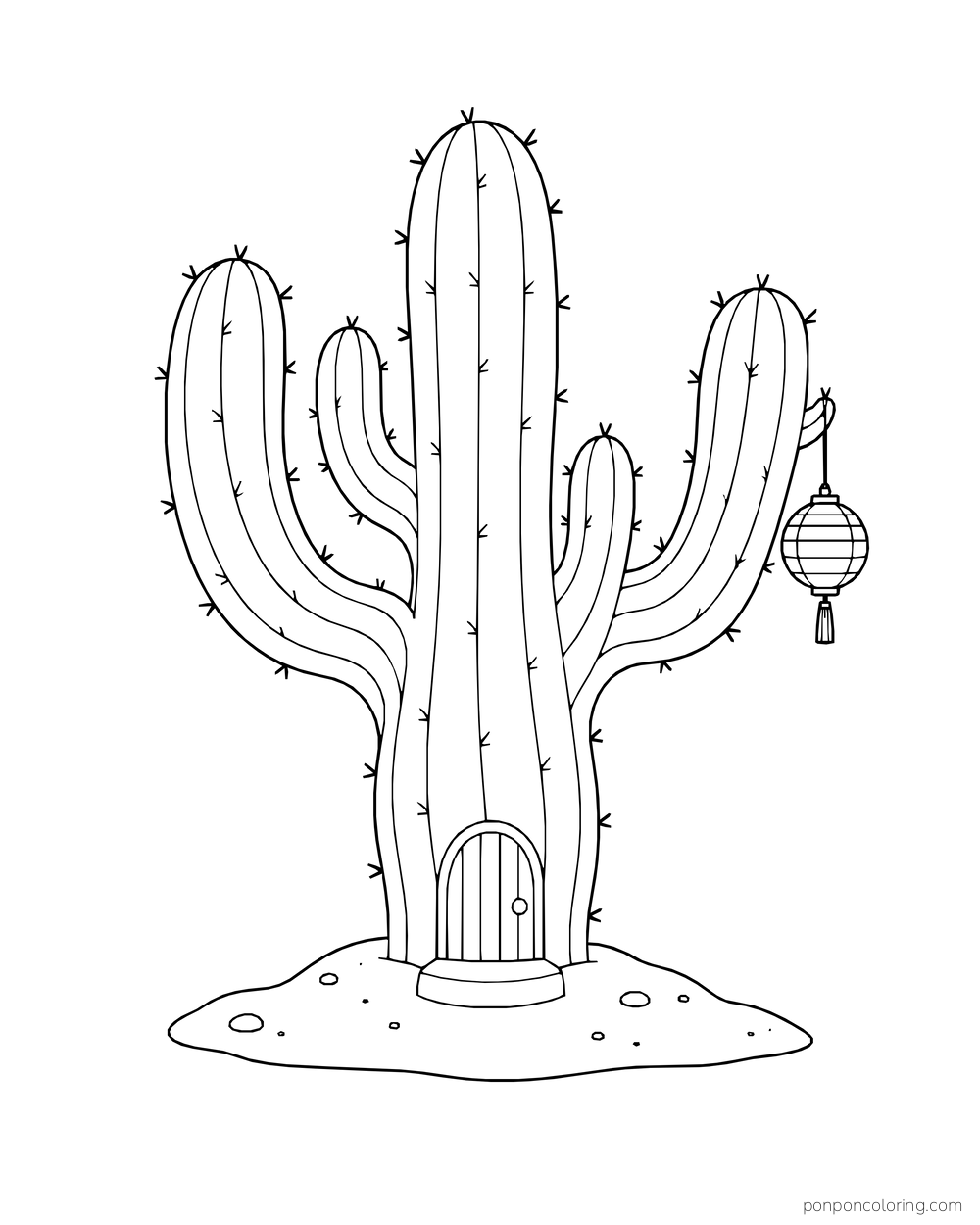 A tiny arched door sits at the base of a many-armed cactus, with a small hanging lantern.