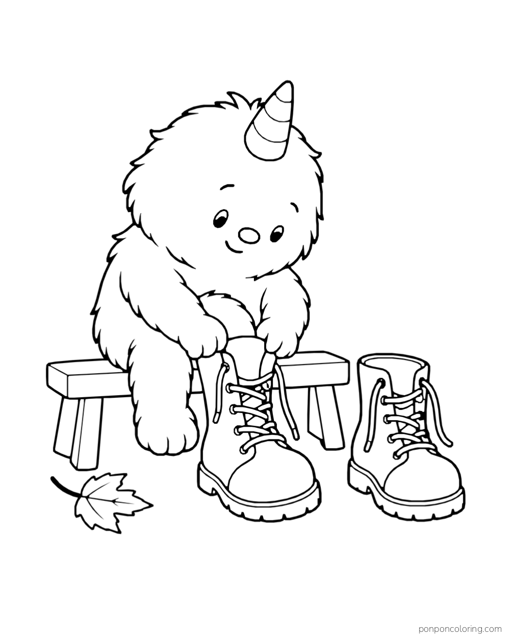 A soft one-horned monster sits on a bench and pulls on a lace-up boot; the matching boot stands nearby.