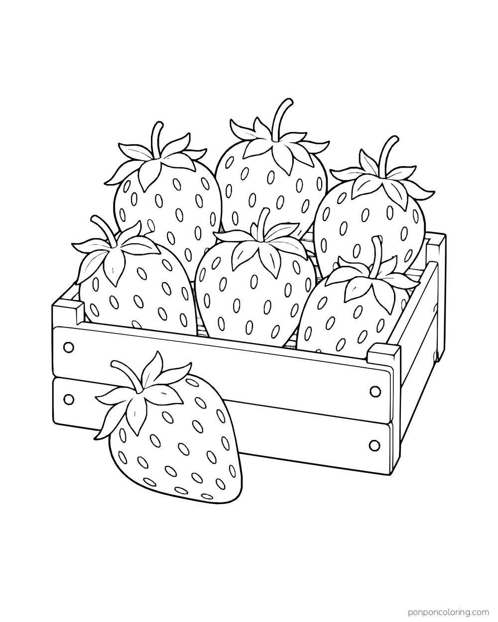Six strawberries fill a small wooden crate, with one berry resting against the front boards.