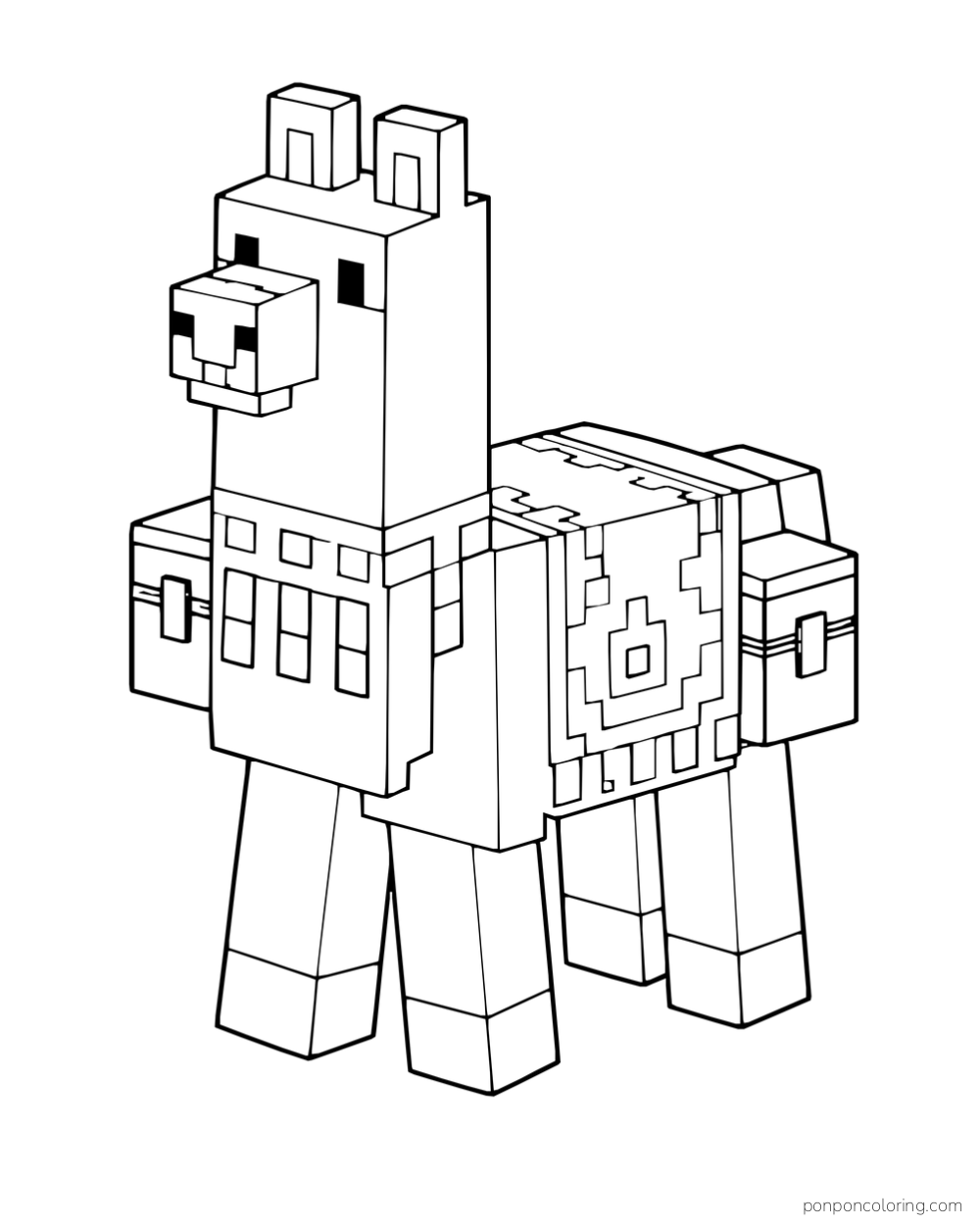 A blocky llama wears a patterned blanket and carries two side chests.