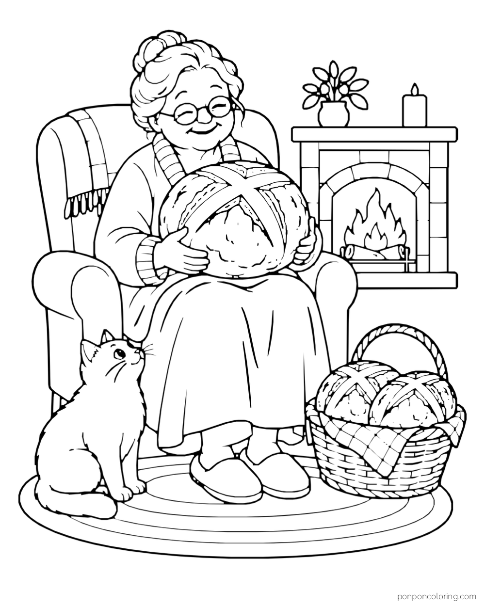 An older woman holds a large round loaf while sitting beside a fireplace, a basket of rolls, and a cat.