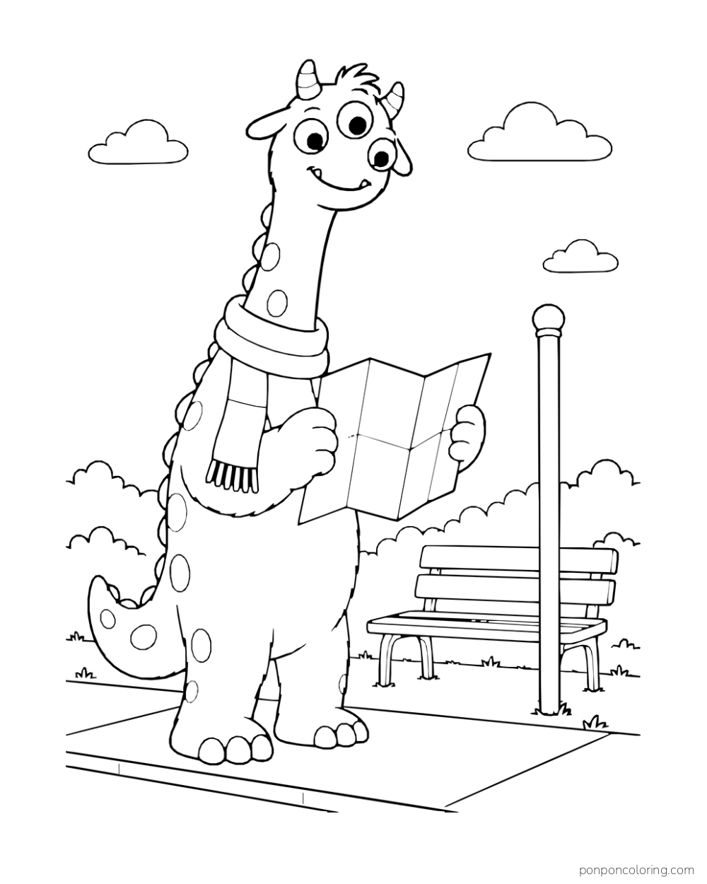 Long-necked three-eyed monster reading a folded map beside a bench and post.