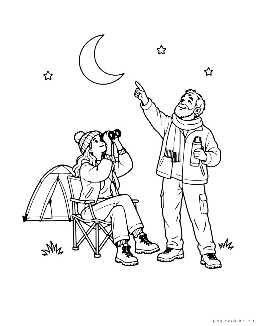 Campers use binoculars outside a tent beneath a crescent moon.