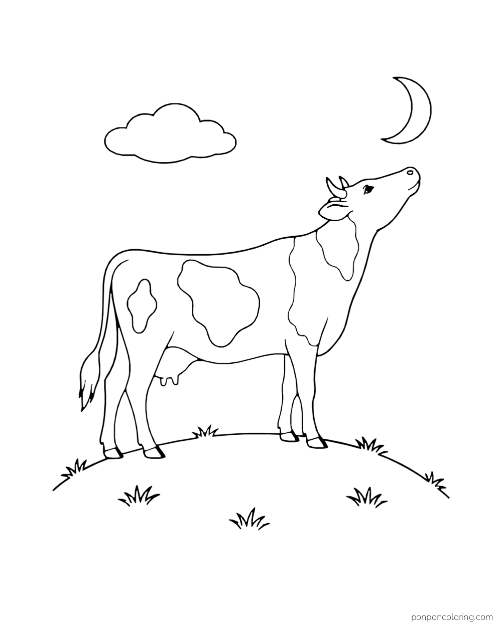 A cow stands on a hill beneath a crescent moon and a cloud.