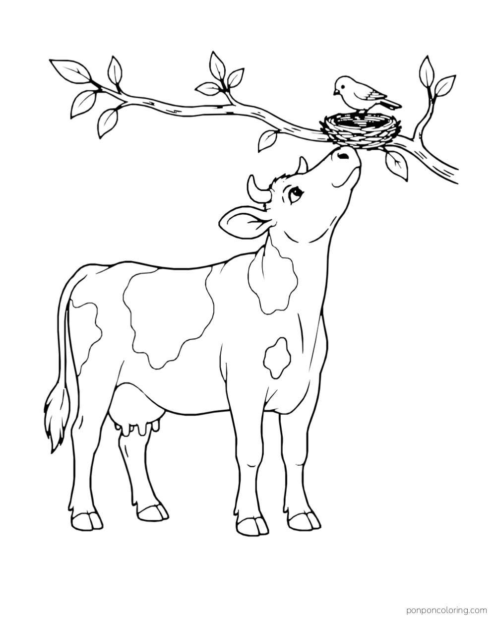A cow stretches its muzzle toward a bird in a nest on a branch.