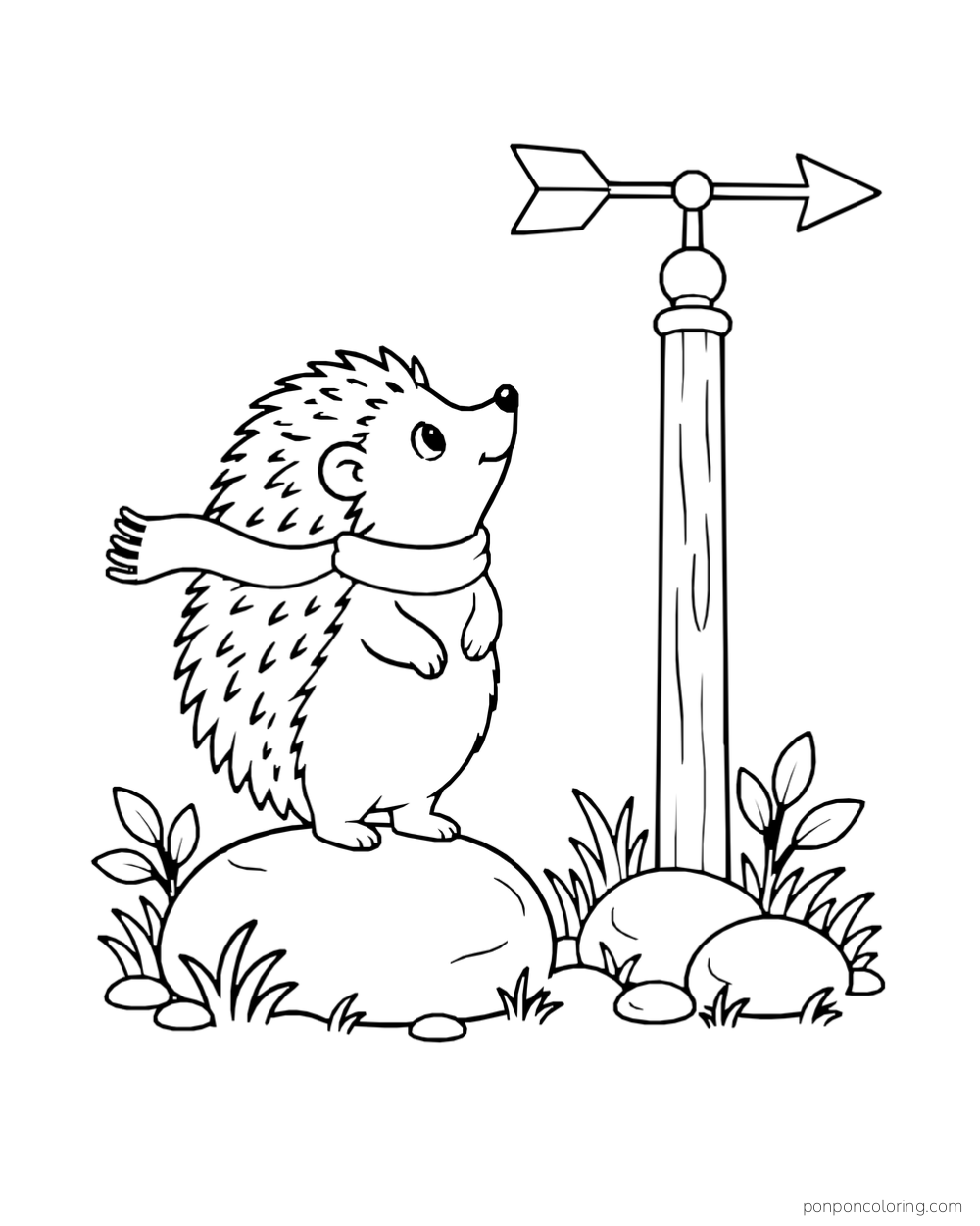 A scarf-wearing hedgehog stands on a stone and looks toward an arrow wind vane.