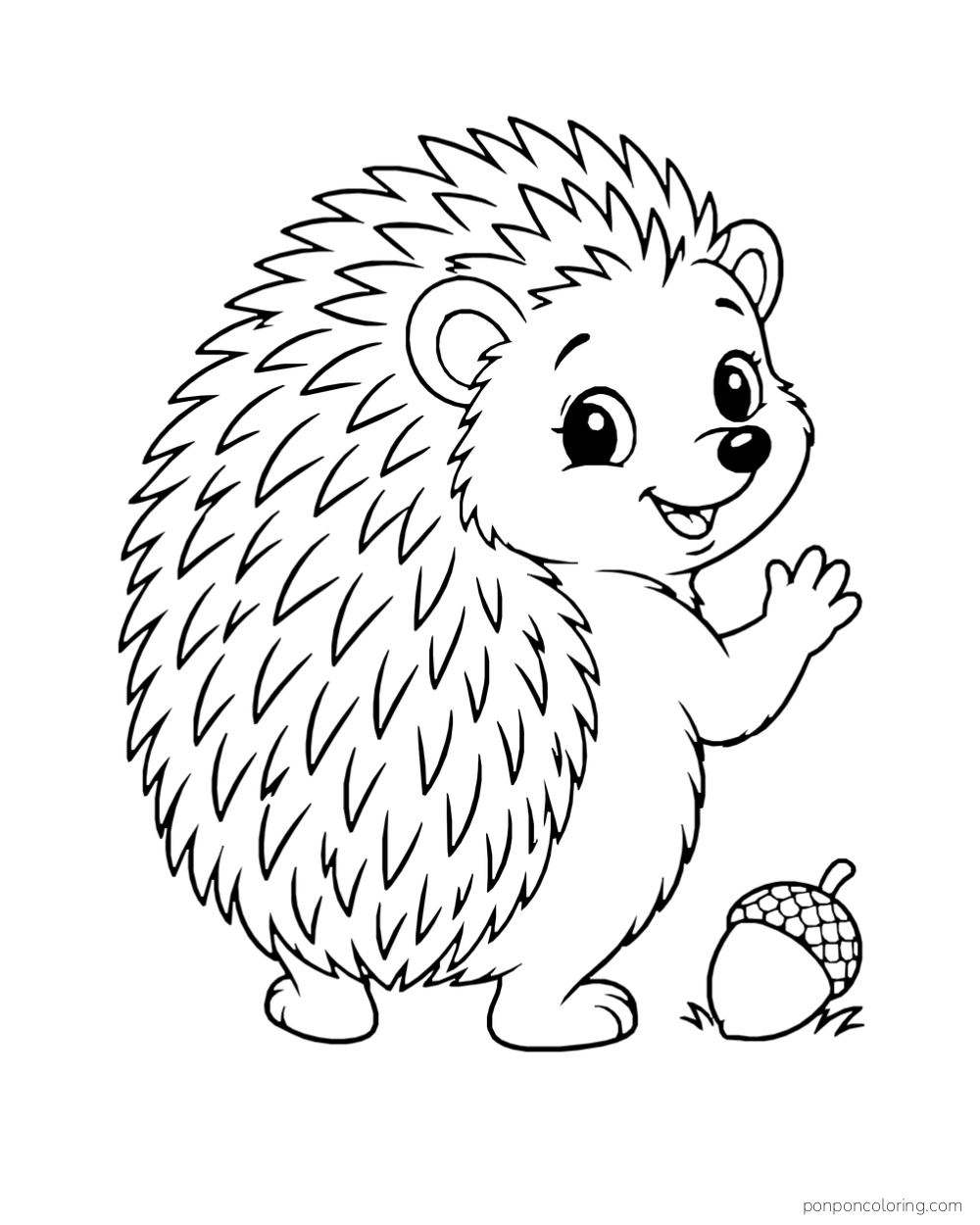 A hedgehog turns back with one paw raised beside an acorn on the ground.